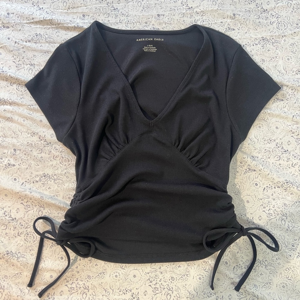 American Eagle Outfitters Black Ruched V-Neck Top